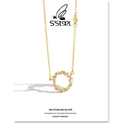 SSTEEL Korean Necklaces 925 Sterling Silver For Women Luxury Zircon Gold Chain Geometric Pendants Necklace Bijoux Fine Jewelry