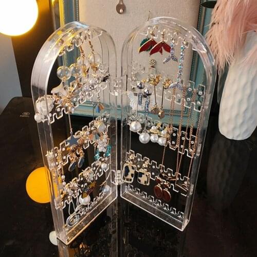 Earrings Studs Display Rack Plastic Clear Folding Screen Jewelry holder Earring shelf display stand household storage box 2021