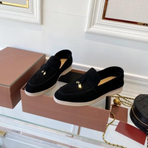 Casual Designer Fashion Women shoes Black Suede Genuine Leather Flats Slip On Charms Walk Loafers Zapatos Driving shoes
