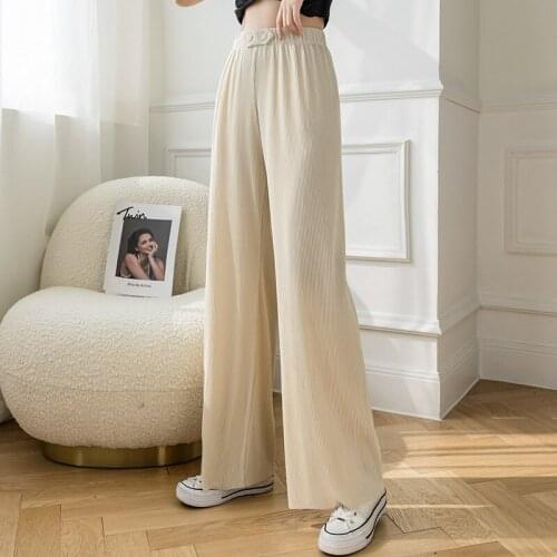 High Quality 2021 Spring Summer Wide Leg Pants Women High Waist Loose Casual Long Stacked Silk Pants Womens Ice Silk Trousers