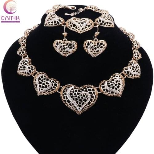Jewelry Sets African Beads Collar Statement Necklace Earrings Bangle Rings For Women Rhinestone heart shape Party Accessories