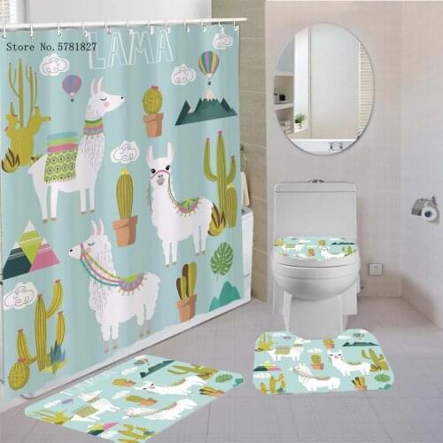 Alpaca Planet Ice Cream Bath Curtain Cartoon Kawaii Shower Curtain Set Pedestal Rug Toilet Mat Set Home Shower Curtain Set
