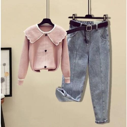 Women 2021 Autumn New Two Piece Sets Female Knitted Pullover Sweater Tops Ladies High Waist Harem Denim Pants Suits P202