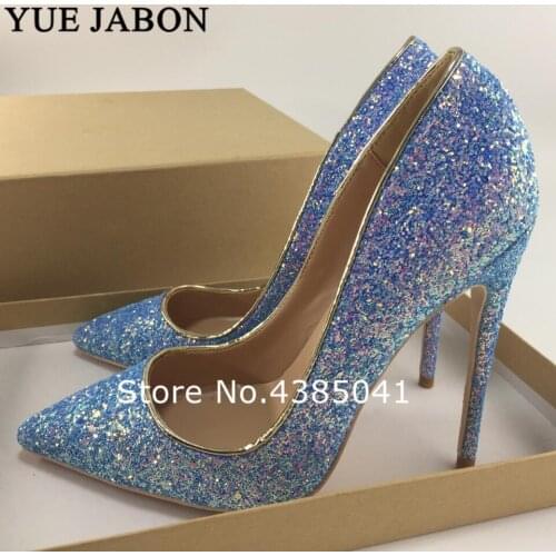 New 2019 Womens Thin High Heels Pumps Sexy Glitter Leather Bright Pointed Toe Scarpins Female Stiletto Purple Blue Bling Shoes