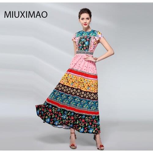 2019 Spring & Summer Newest Casual Style A-Line O-Neck Short Sleeve Print Flower Europe Fashion Ankle-Length Long Dress Women