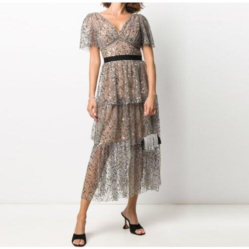 WOmens Leaf Sequin Christmas 2021 High Quality Double V neck Short Sleeve Tunic Layed Mesh Long Luxury Party Dress Female