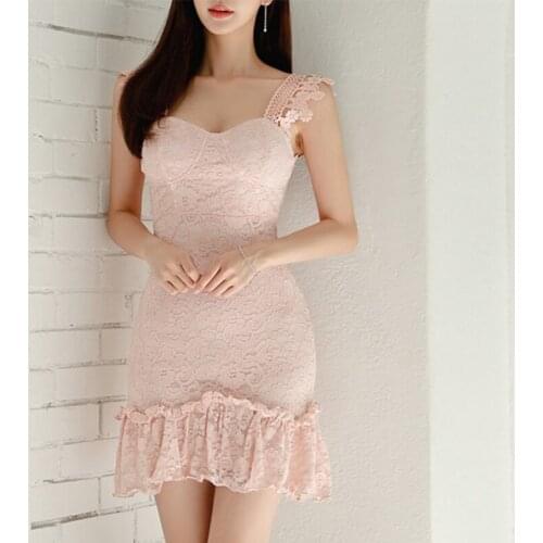 New arrival fashion lace party dress women elegant summer sexy strap ruffle temperament office lady pink mini mermaid dress