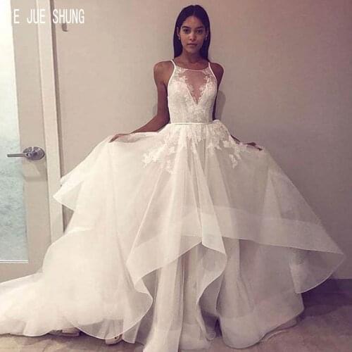 E JUE SHUNG Modest Appliques Wedding Dresses Halter Neck Backless A-Line Organza Tiered Sleeveless Formal Beach Bridal Gowns