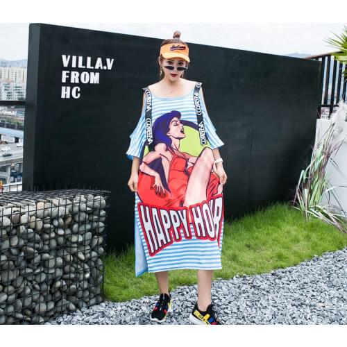 2019 Summer Cartoon Pattern Loose Dress Women Off Shoulder and Webbing Street Style Loose Vestidos
