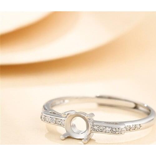 Ring Setting for 5x5mm Round Cabochons Ring Base White Gold Plated 925 Silver Zircon Adjustable Ring Blank SR0226