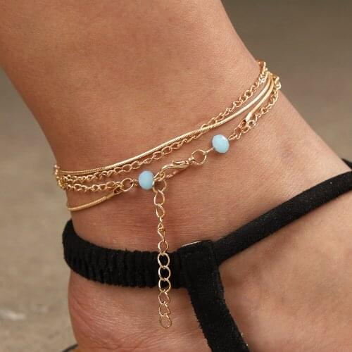 1 Pcs Glamour Women Anklets Blue Beads Connect Double Gold Anklet Set Fashion Girl Summer Party Ankle Wearing Jewelry
