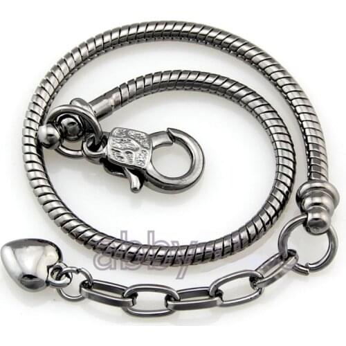 10 pcs /Lot black gun metal Color Lobster Clasp Snake Chain Charm Heart Bracelets & Bangles For European Beads Jewelry DIY PP22