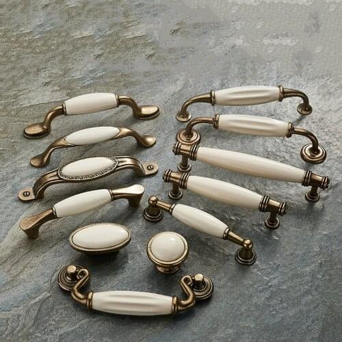 Zinc Alloy Antique Bronze Ceramic White Cabinet Handles Drawer knobs Wardrobe Door Handle European Furniture Hardware