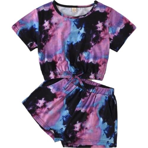 2Pieces Kids lovely casual Suit Set Tie-Dye Print Round Collar Short Sleeve Pullover Tops Shorts for Summer Purple 4-9 Years
