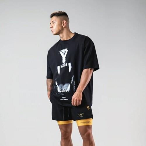 Lyft Summer Muscle Fitness Brother Loose Size Fashion Brand Short Sleeve Mens Cotton Printed T-shirt Training Round Neck Top