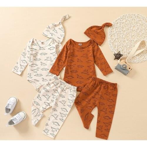 0-24M Newborn Baby Boy Girl Long Sleeve Cartoon Dinosaur Cotton Bodysuit Tops Long Pant Hat 3PCS Autumn Clothing Set