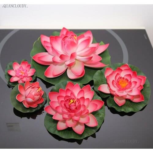 Dark pink Artificial fake Simulation Lotus Leaves flowers Heads Water pond Garden home Lily Floating Fish Tank Pond Wedding D24