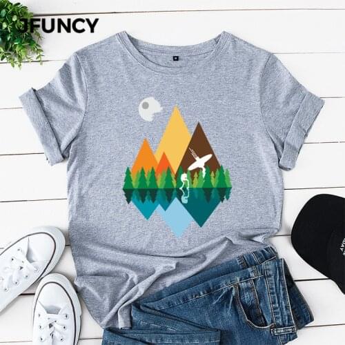 JFUNCY Plus Size 100% Cotton Summer Tshirt Mountain Printed Women T-Shirt Short Sleeve Woman Tee Tops Female Loose T Shirt