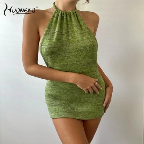Summer Dresses Chic Fashion Outfits Female Halter Backless Patchwork Casual Club Mini Sleeveless Sexy Bodycon Party DressWDR18