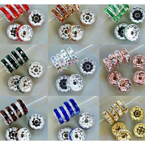 Can choose color 10mm Mixed Color Lot Crystal Rhinestone Rondelle Spacer Silver Plated mental Loose Beads Fit Charm Bracelet