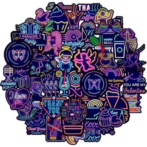 50 Pcs Neon Light Sticker Anime Icon Animal Cute Decals Stickers Gifts For Children To Laptop Suitcase Guitar Fridge Bicycle Car