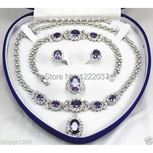 NEW womens jewelry Purple zircon Earring Bracelet Necklace Ring set