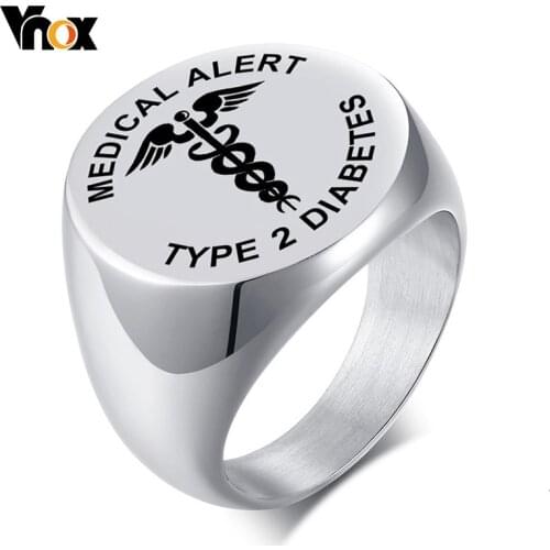 Vnox Medical Type 2 Diabetes Round Top Ring for Men Stainless Steel Signet Ring