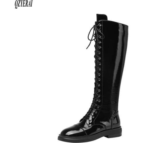 QZYERAI New winter Genuine leather knee boots Women boots Motorcycle boots Female boots Side zipper warm Women shoes