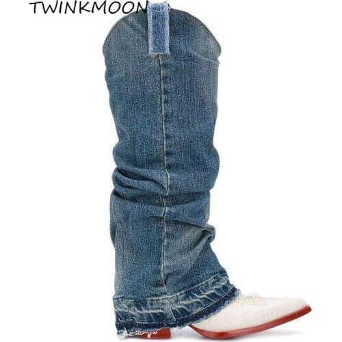 Blue Jean Cowboy Boots For Women Casual Design Knee High Boots Leather Spike Heel Wedges Embroidered Leather Womens Boots