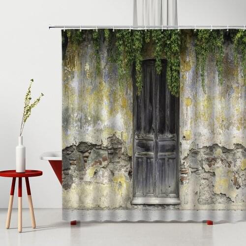 Ancient Shabby Wall Shower Curtains Retro Old-Fashioned Wooden Door Green Vine Pattern Bathroom Decor Polyester Washable Fabric