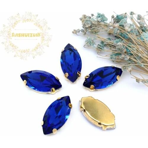 Classic style Sapphire blue horse eye shape Glass Crystal sew on rhinestones with gold claw Diy shose accessories Free shipping