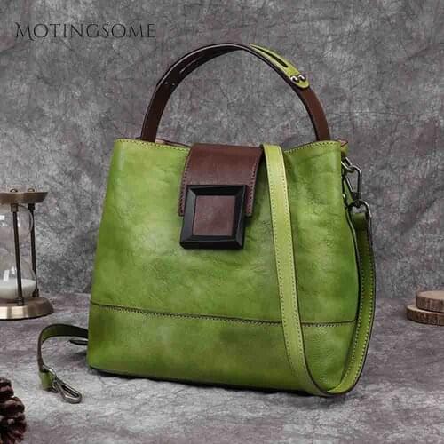 Retro Genuine Leather Bucket Bag Women Shoulder Bag Handwork Vintage Ladies Natural Leather Handbag Large Shopper Bags 2021 New