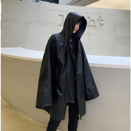 Mens trench coats man leather long coat men clothes original hooded overcoat long sleeve 2020 spring autumn new designer black