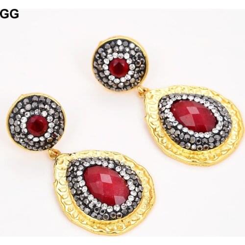 GuaiGuai Jewelry Yellow Gold Color Plated Teardrop Red Jades Crystal Pave CZ Earrings