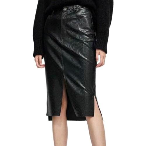 2020 New Fashion Women Hot Pencil Fake Crocodile Pattern Faux Leather PU Skirts Lady High Waist Split Mid-Calf Black Streetwear