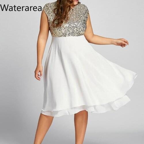 2019 Summer New Women O-Neck Sleeveless Sequined Patchwork Big Swing Knee Length Dress Sexy Partynight Club Dress H9081
