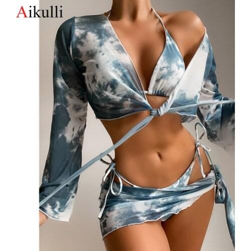 Tie Dye Long Sleeve Bikinis Swimsuits Women Four-pieces Bikini Sets Summer Beach Swimwear Female Sarong Halter Bathing Suit Swim