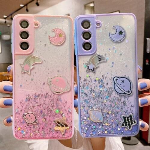 Transparent Glitter Phone Case For Samsung S21 S20 Ultra Plus A51 A50 A71 A72 A32 Note 20 Astronaut Planet Star Shockproof Cover
