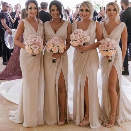 Long Champagne Pleats Chiffon Bridesmaid Dresses V-neck Front Split Formal Party Dresses Maid Of Honor Gowns Hot Sale