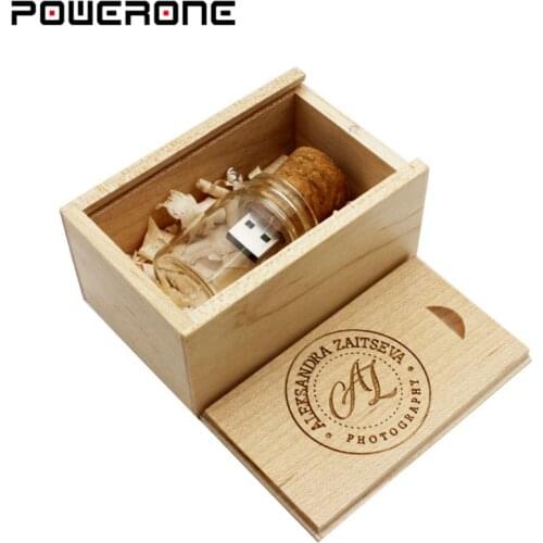 POWERONE usb 2.0 wooden box pendrive 4GB 16GB 32GB 64GB memory stick glass wish bottle usb flash drives gift free custom logo