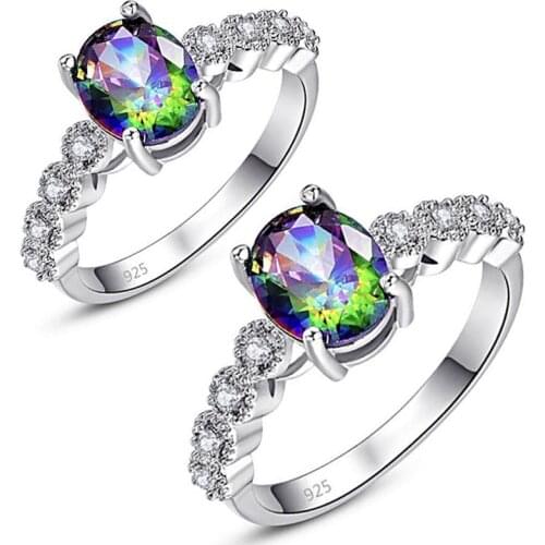 Popular Silver Color Oval White Colorful Crystal Rhinestone Zircon Ring for Women Wedding Jewelry Female Hand Accessories