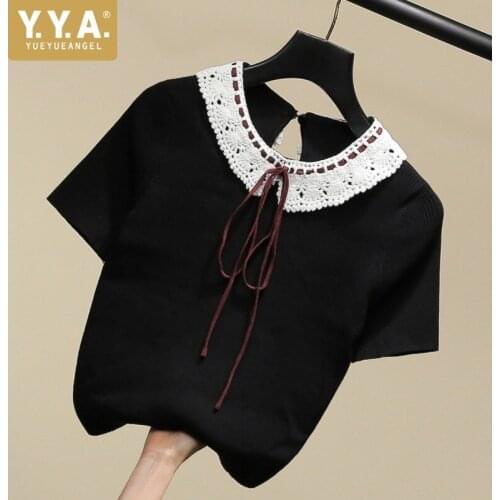 Summer Womens Bow Sweet Short Sleeve T Shirt Streetwear Lace Collar Slim Solid Black Tops Elegant Fashion Thin T Shirt Female