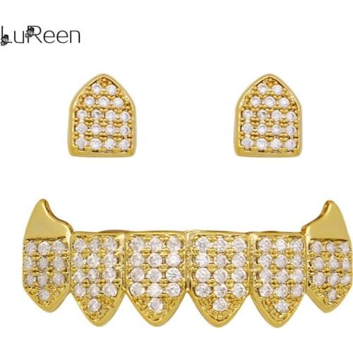 LuReen Hip Hop Iced Out Teeth Grillz Set 2 Pcs Single Top 6 Teeth Bottom Vampire Fangs CZ Grills Unisex Tooth Caps Jewelry