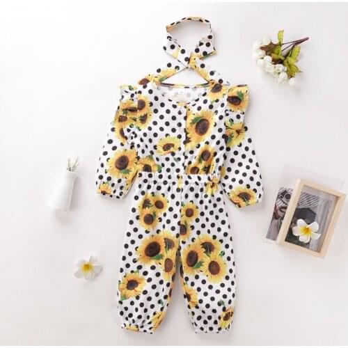New Fashion Spring Fall Kids Clothes Sweet Baby Girl Romper 2 Piece Sunflower Dot Print Long Sleeve Baby Jumpsuit+headband 1-6Y