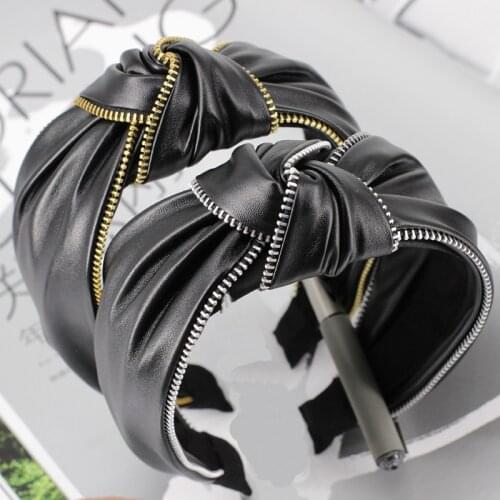Haimeikang Fashion Black Leather Zipper Hairband For Women Knot Headband Hair Accessories Knot Hair Bands Head Wrap