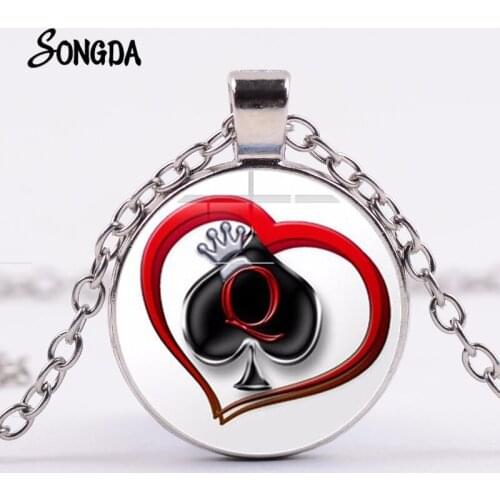 Poker Spades Q Heart Necklace Creative Design Silver Color Poker Pendant Crown Glass Cabochon Choker Unisex Lucky Jewelry