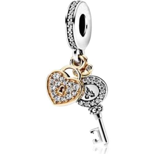 Silver Color Flame Key Pendant DIY Fit Original Pandora Charms Bracelets Women Clear CZ Gold Lock Heart Beads for Jewelry Making