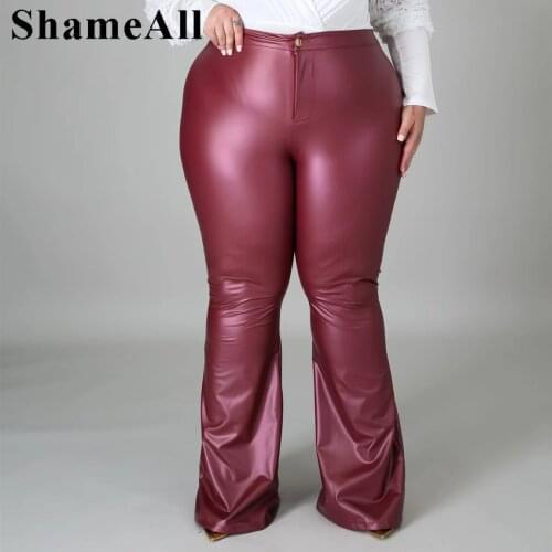 Plus Size Faux PU Leather Solid High Waist Flare Pants 4XL Vintage Streetwear Stretch Skinny Hipster Long Trousers Bell Bottoms