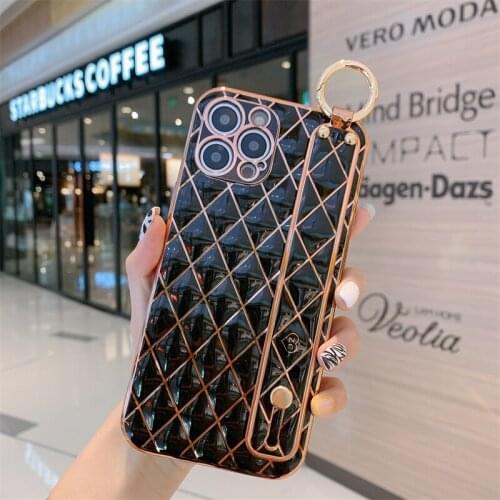 Luxury Rhombic Pattern Wrist Strap Phone Case Soft Silicone Glossy Cover for IPhone 12mini 11 Pro XS Max XR 7 8 Plus Accessories