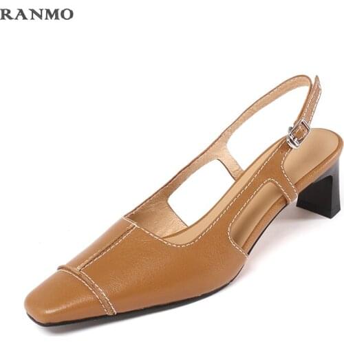 French retro square toe high heels womens shoes sandals daily commuter sandals elegant temperament leather shoes shoes for women
